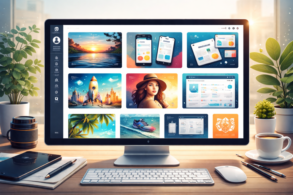 Creative portfolio gallery displayed on a large desktop monitor