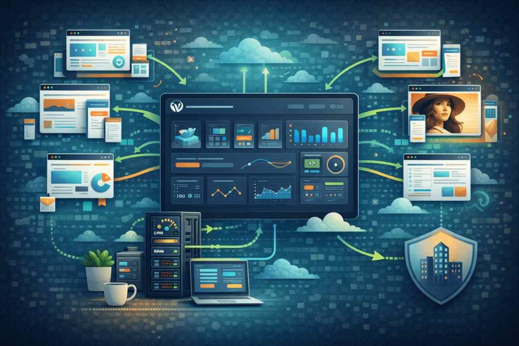 WordPress dashboard connected to multiple websites and hosting infrastructure