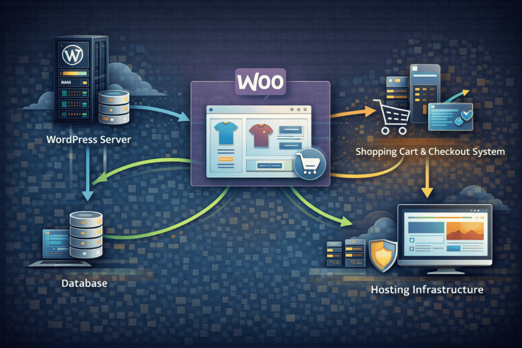 WooCommerce platform connected to WordPress server database and checkout system