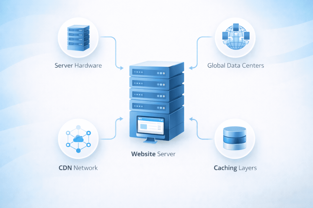 server hardware CDN caching layers and global data centers for fast web hosting