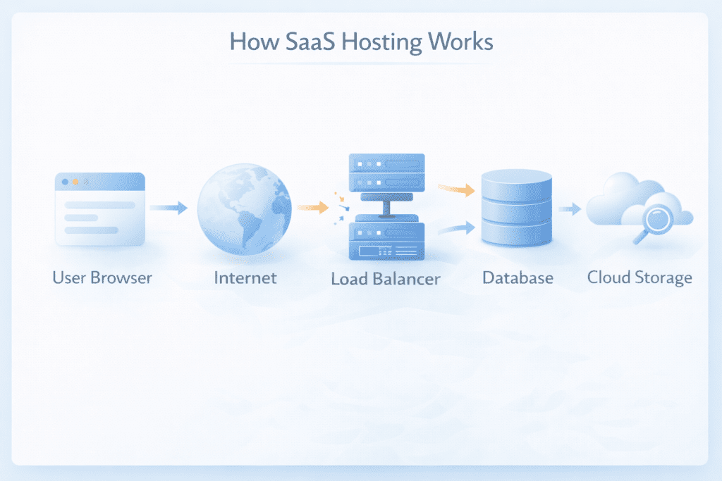 how saas hosting works diagram with browser load balancer database and cloud storage