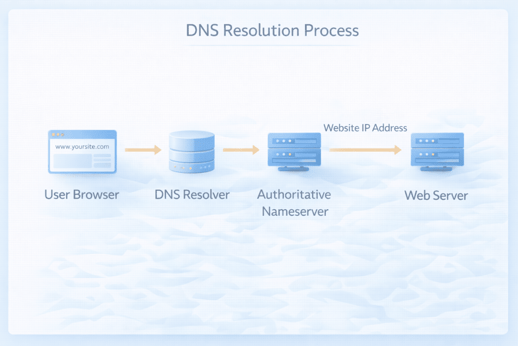 dns resolution process diagram showing browser resolver nameserver and web server