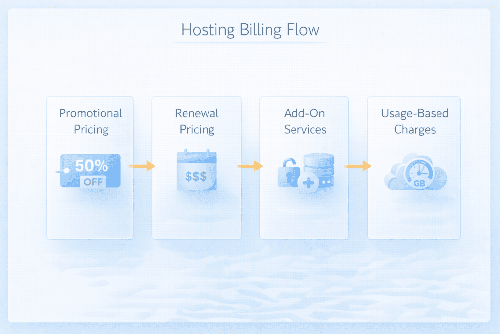 web hosting billing flow showing promotional pricing renewal add-ons and usage charges