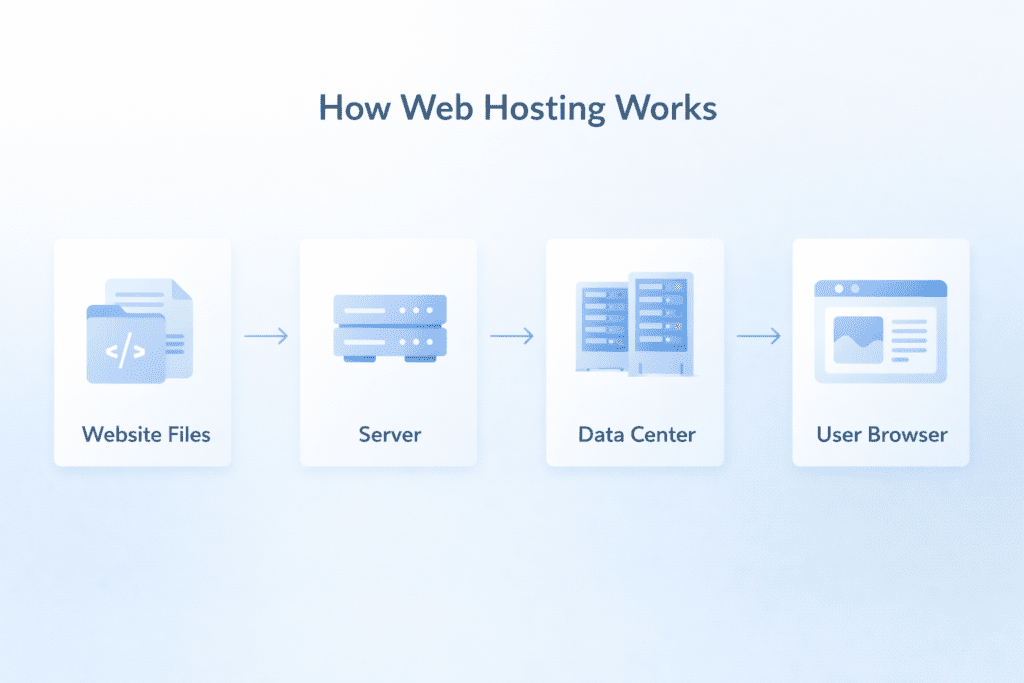 how web hosting works diagram website files server data center user browser flow