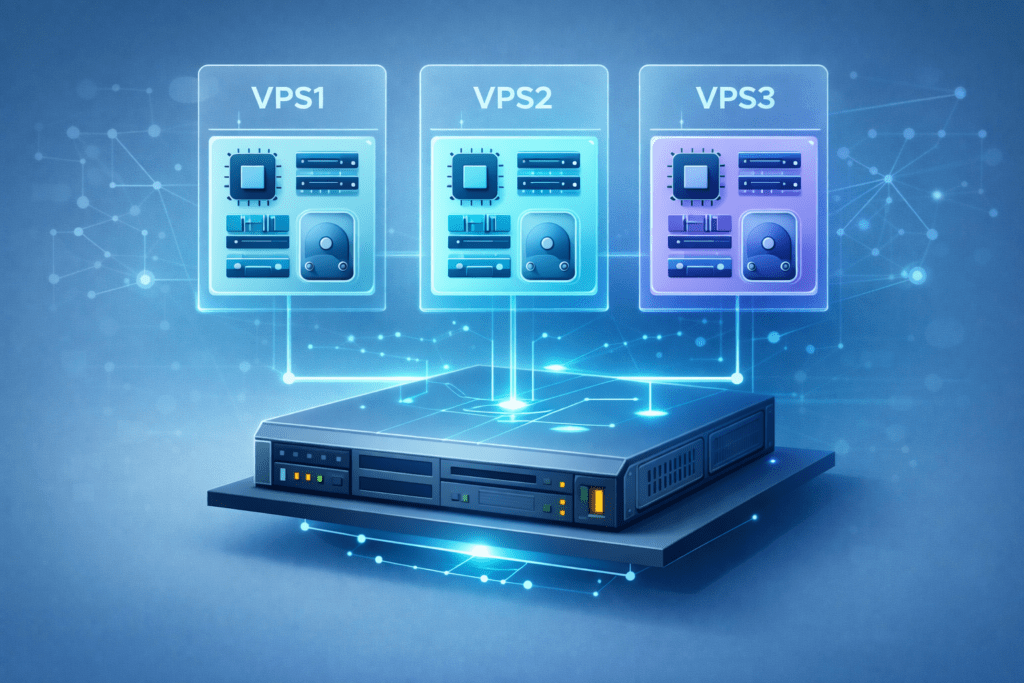 Virtual private server setup showing multiple VPS environments on one server