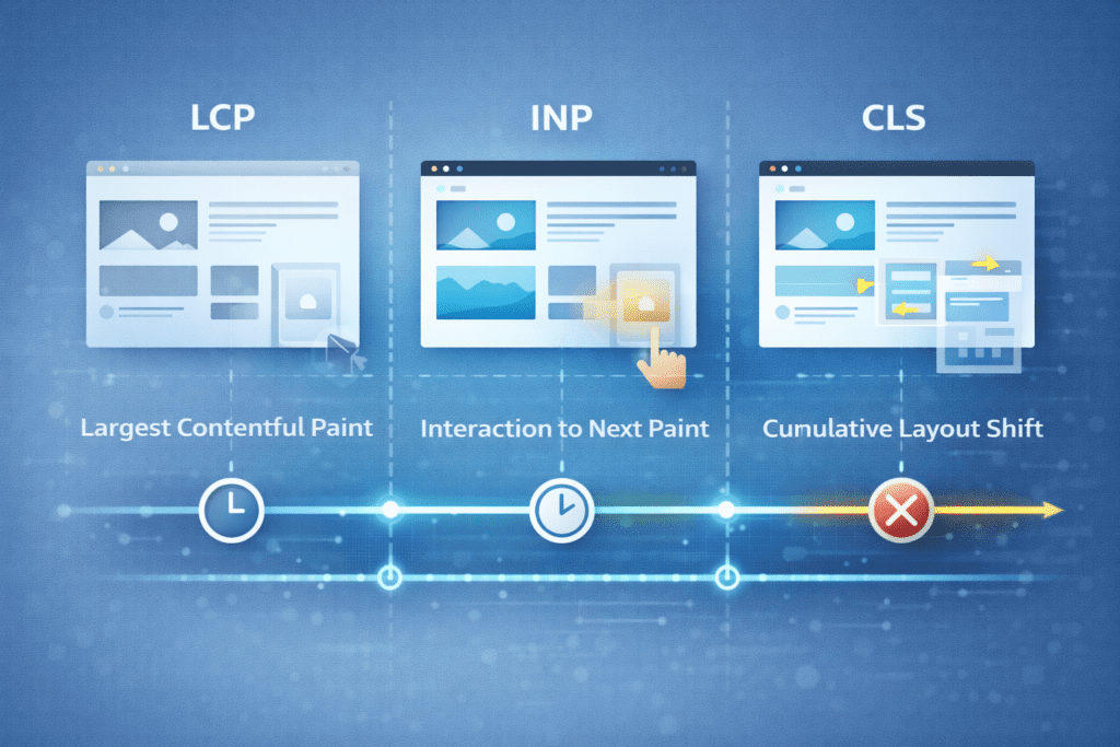 Core Web Vitals metrics showing LCP, INP, and CLS website performance indicators