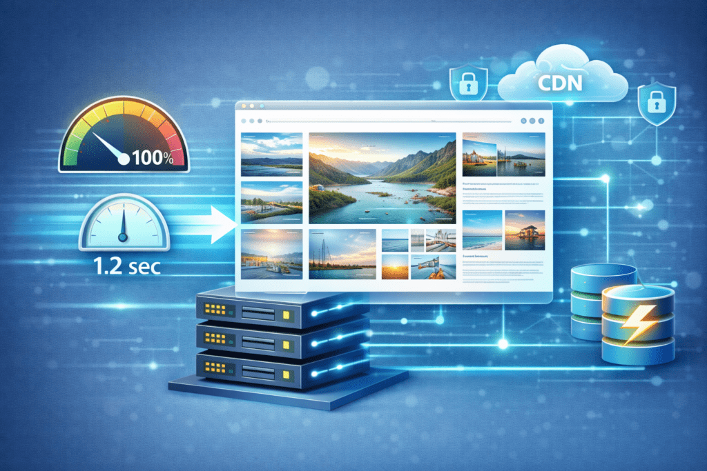 Fast hosting server delivering portfolio images with CDN and caching