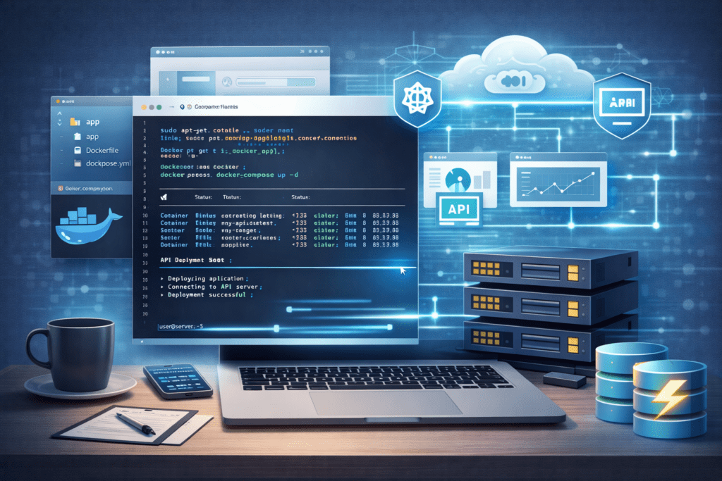 Developer deploying application using API services and cloud server