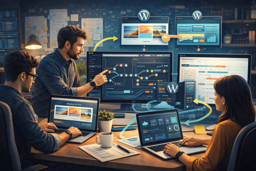 Agency developers collaborating on WordPress website development workflow