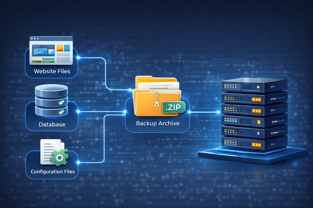 Backup zip archive transferring website files and database to a web server