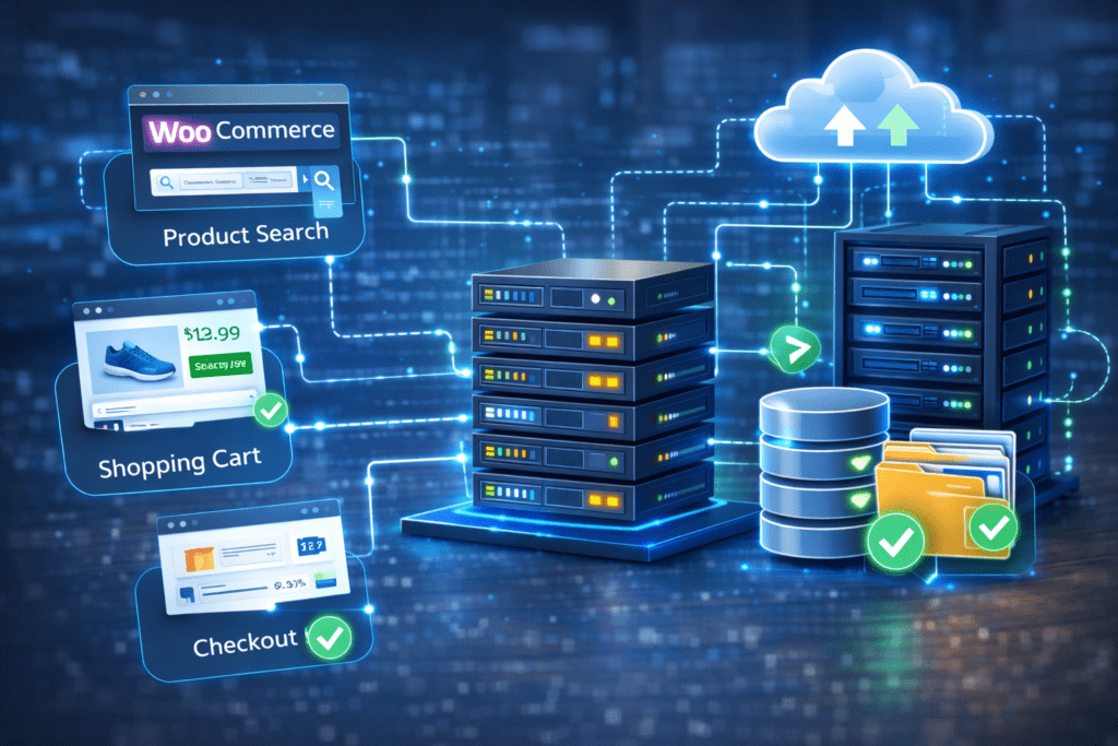 WooCommerce product search cart and checkout system connected to hosting servers