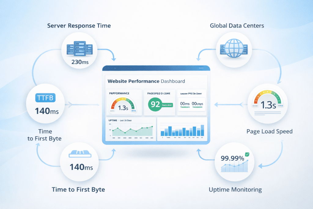 server response time TTFB page load speed and uptime metrics dashboard