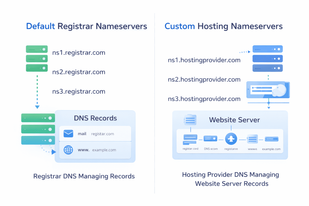 default vs custom domain nameservers comparison registrar vs hosting provider dns