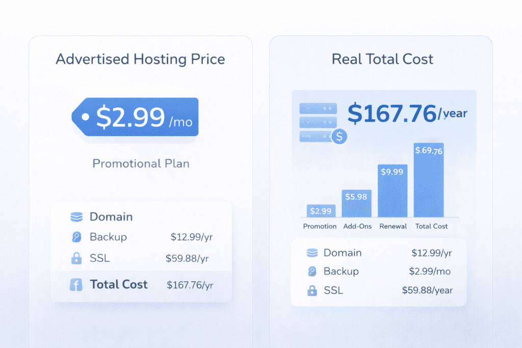 advertised hosting price vs real total cost including domain ssl and backups