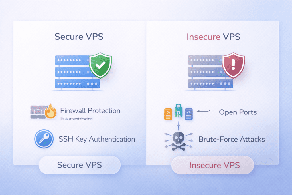 secure vs insecure vps comparison firewall protection ssh authentication and open ports risks