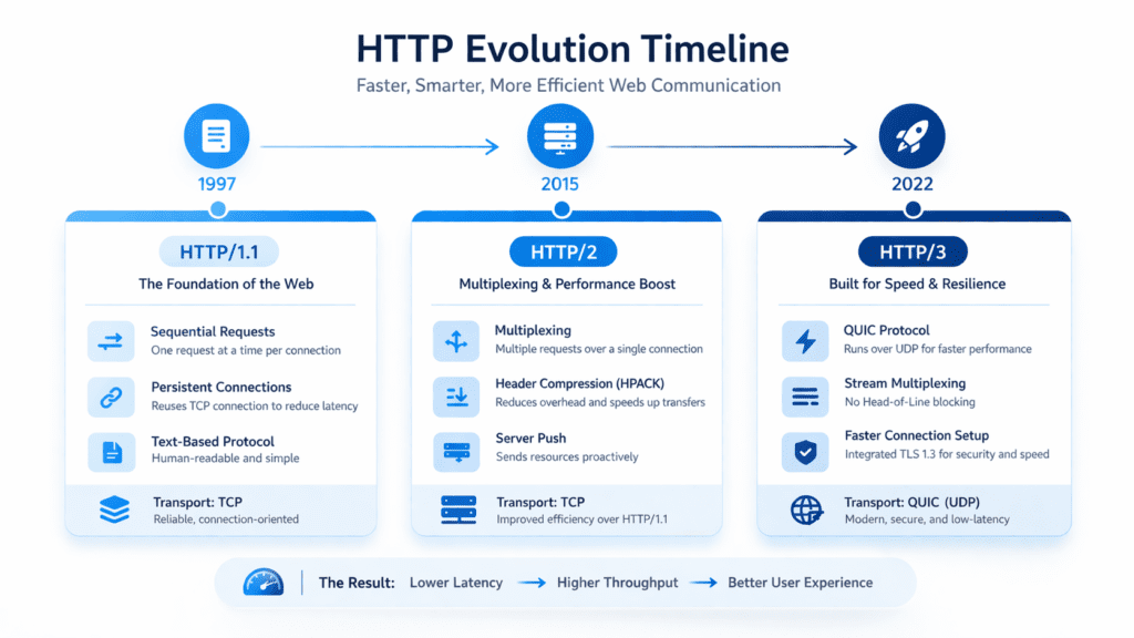 http evolution timeline http1 http2 http3 comparison features performance improvements