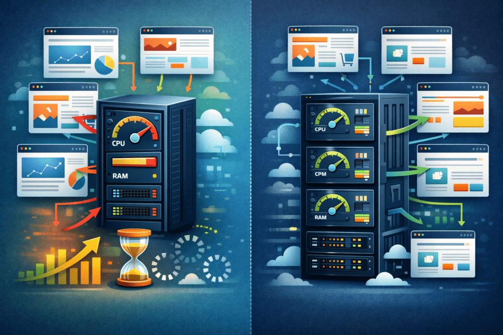 Comparison between overloaded hosting server and optimized VPS server