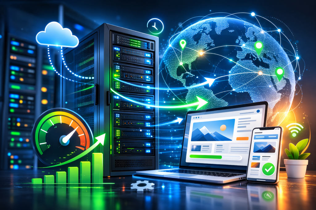 High-performance hosting server delivering faster website speed worldwide