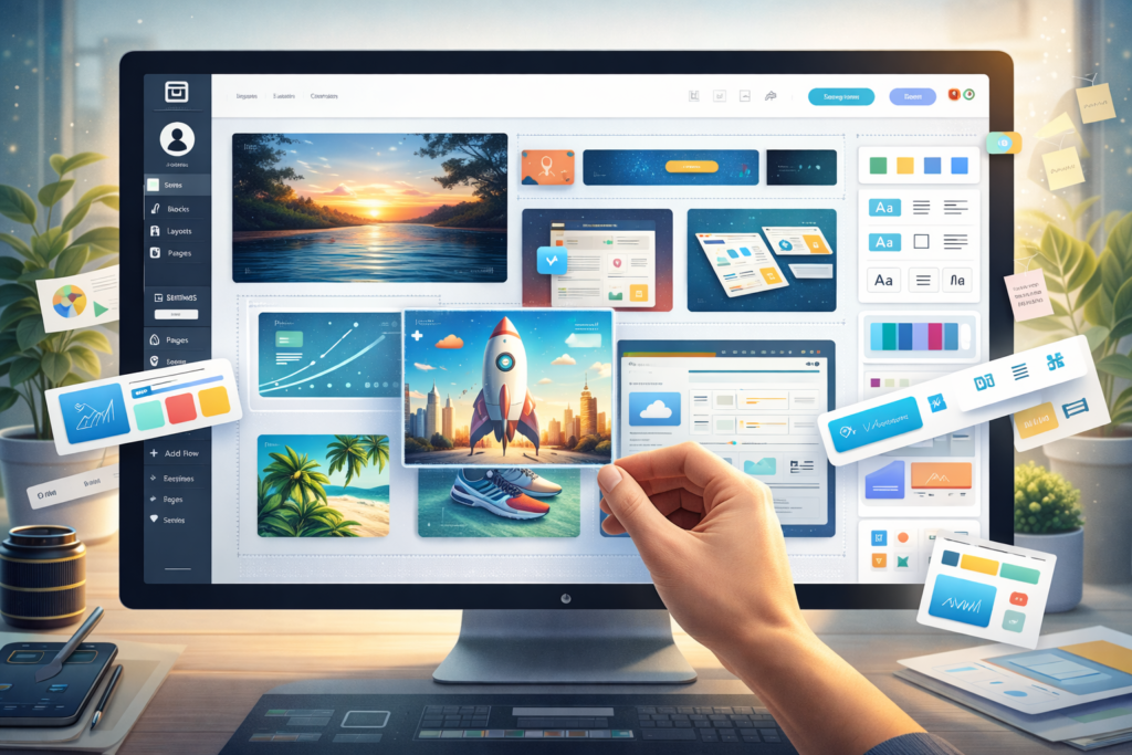 Designer arranging images and layout elements in a portfolio website builder
