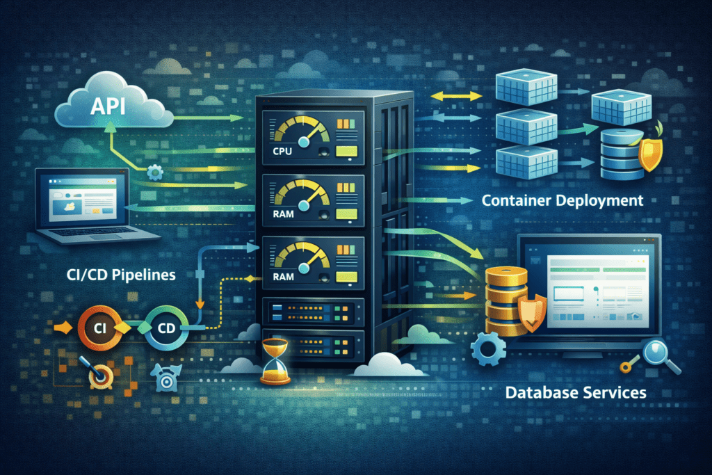 VPS infrastructure showing CI/CD pipelines, container deployment, and database services