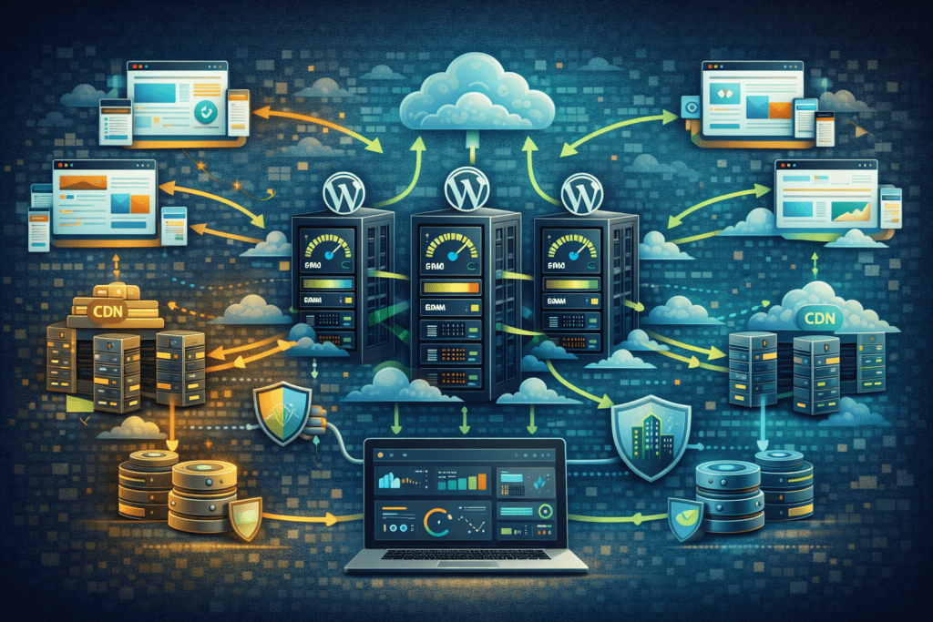 Cloud hosting infrastructure supporting multiple WordPress websites