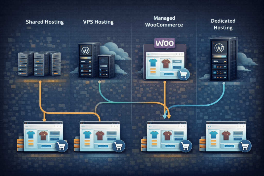 Comparison of shared hosting VPS hosting managed WooCommerce hosting and dedicated hosting