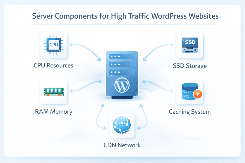 server components CPU RAM SSD caching CDN for high traffic WordPress hosting
