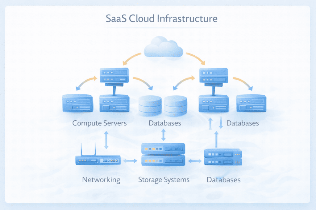 saas cloud infrastructure with compute servers databases networking and storage systems