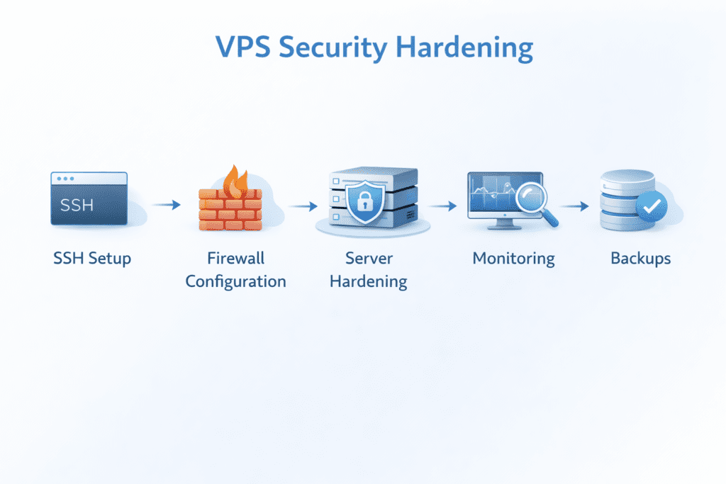 vps security hardening steps ssh setup firewall configuration monitoring and backups
