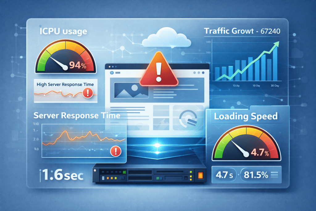 Website performance metrics showing CPU usage, server response time, and loading speed