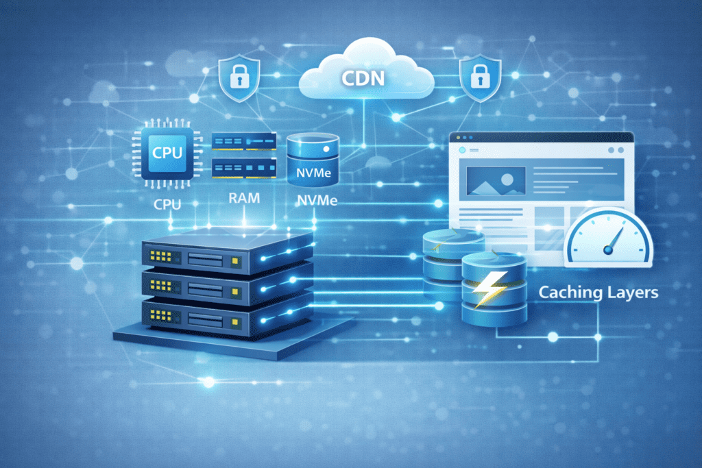 Hosting infrastructure with CPU, RAM, NVMe storage, CDN, and caching layers