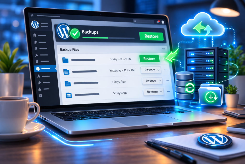 WordPress backup dashboard with restore button to recover website files
