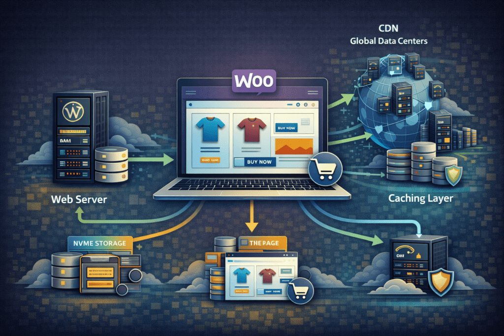 WooCommerce store infrastructure with web server CDN caching and NVMe storage