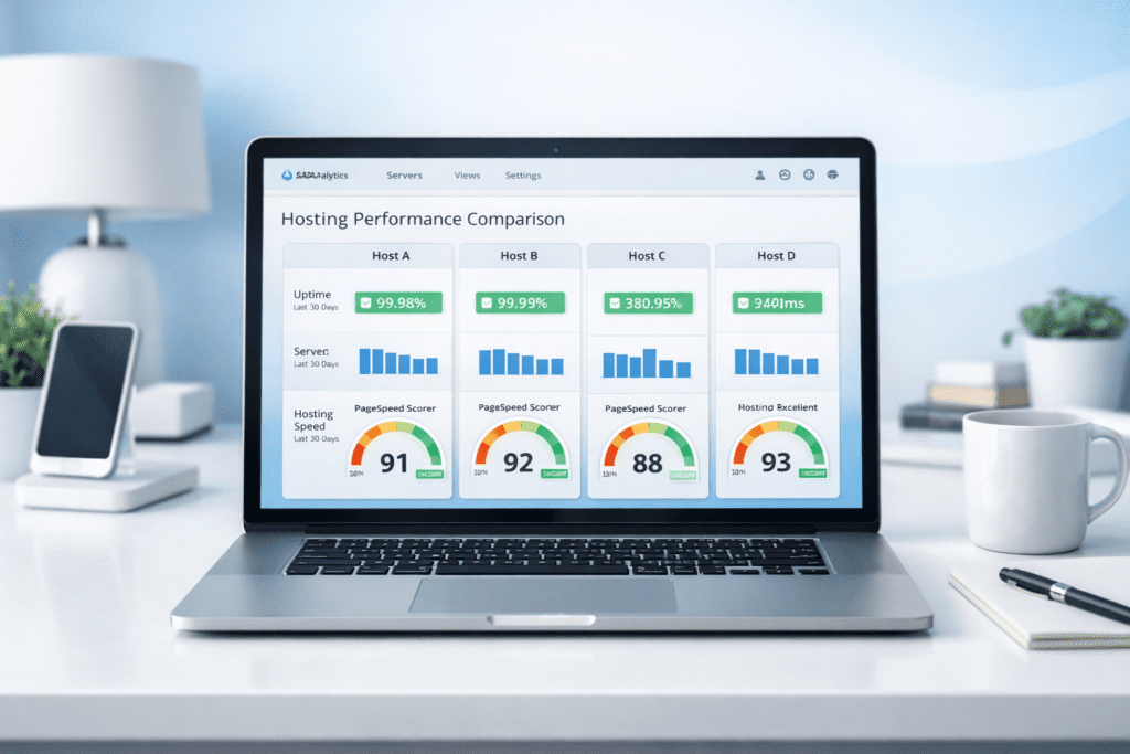 web hosting performance comparison dashboard with uptime and speed scores