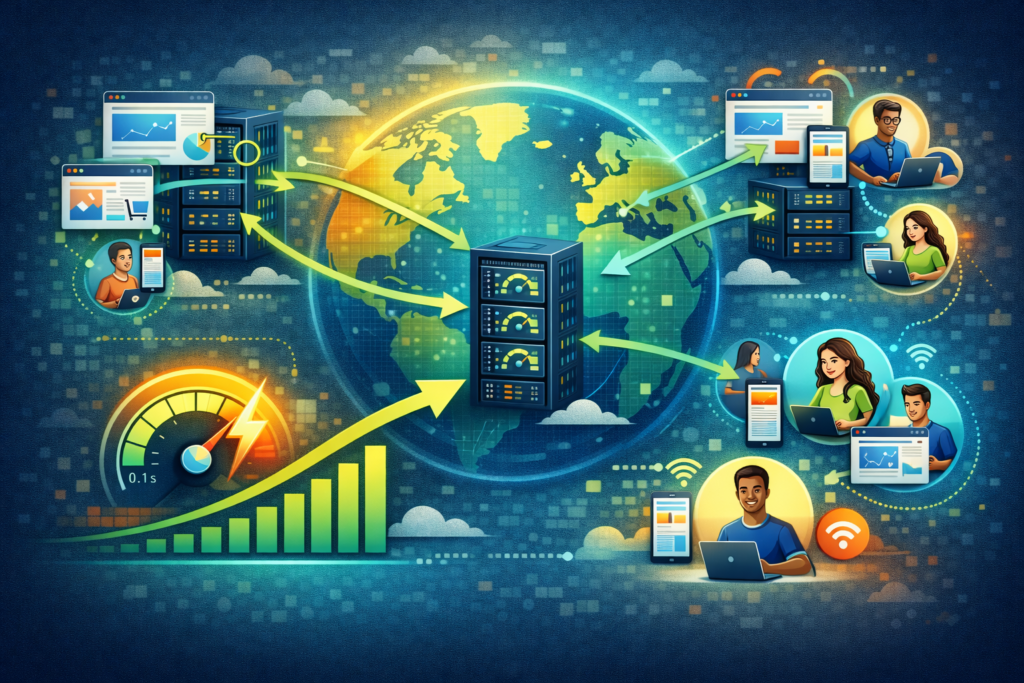 Global website traffic and server network improving website speed and performance