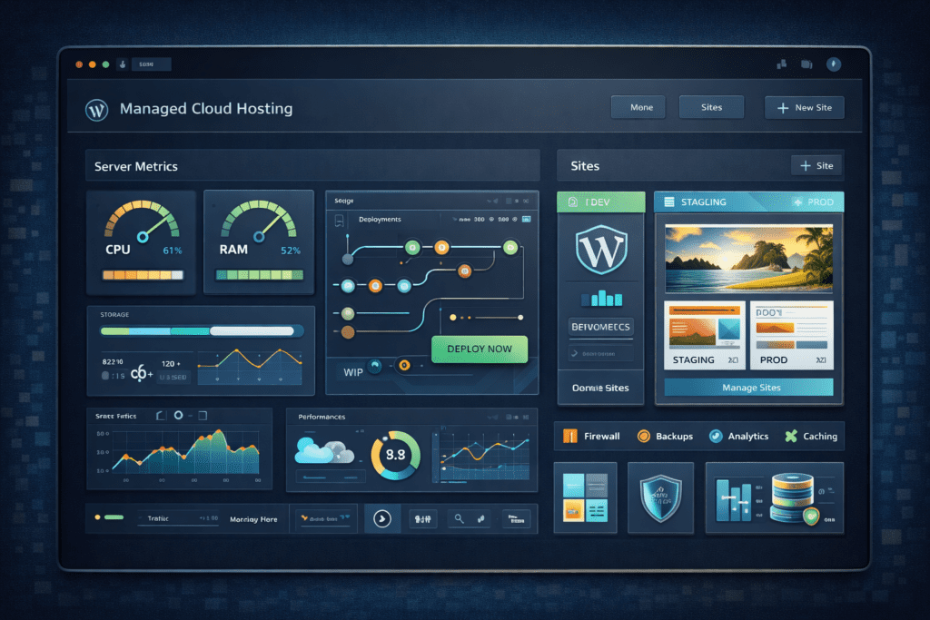 Managed cloud hosting dashboard showing site metrics, backups, and performance