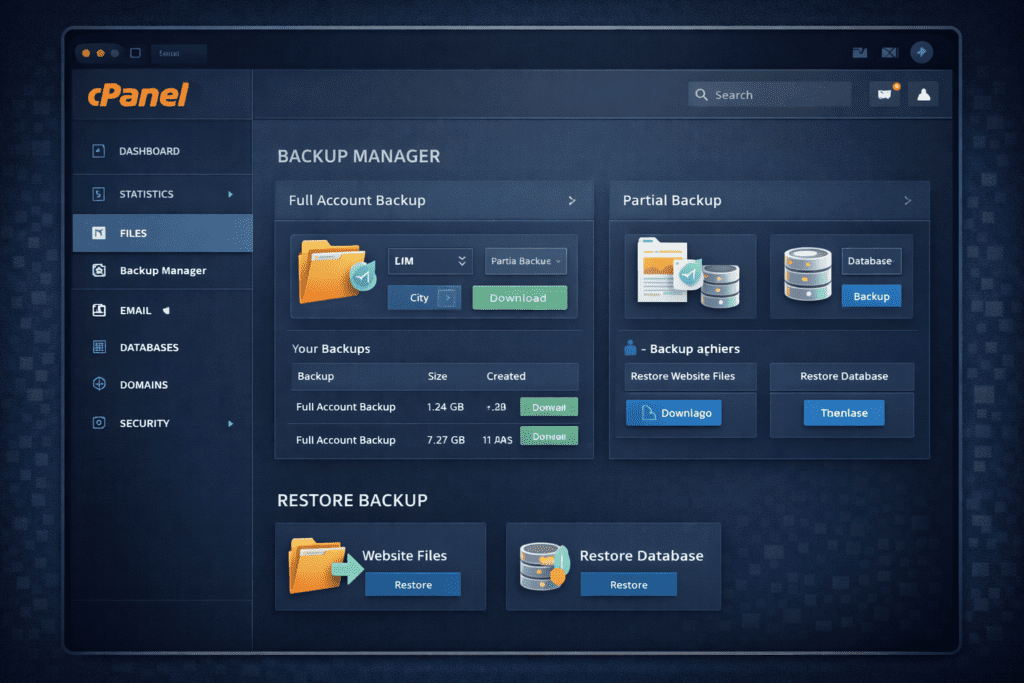 cPanel backup manager showing full backup partial backup and restore options