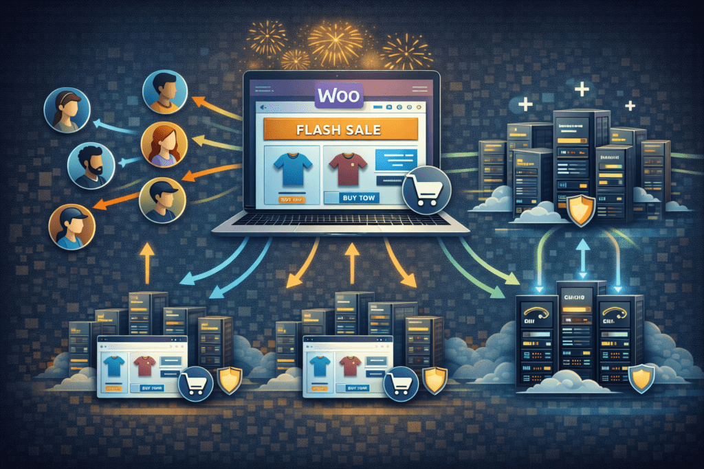 WooCommerce flash sale website handling high traffic with scalable hosting servers