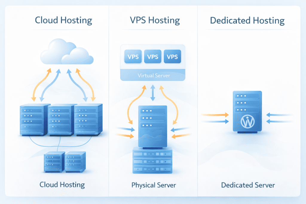 cloud vs VPS vs dedicated hosting infrastructure comparison for WordPress