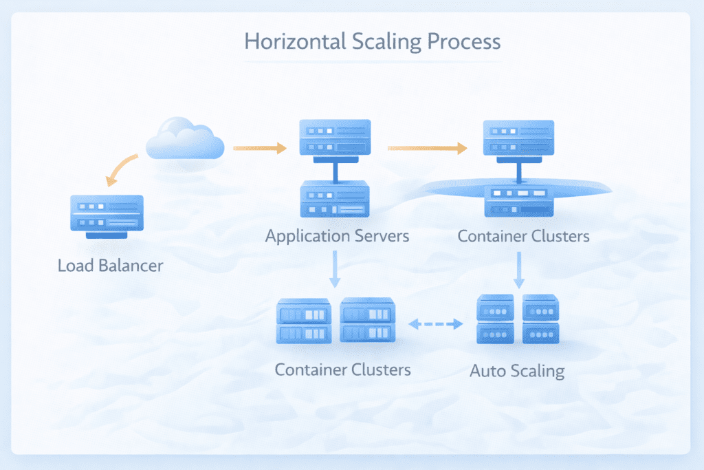 horizontal scaling process in saas hosting with load balancer and container clusters