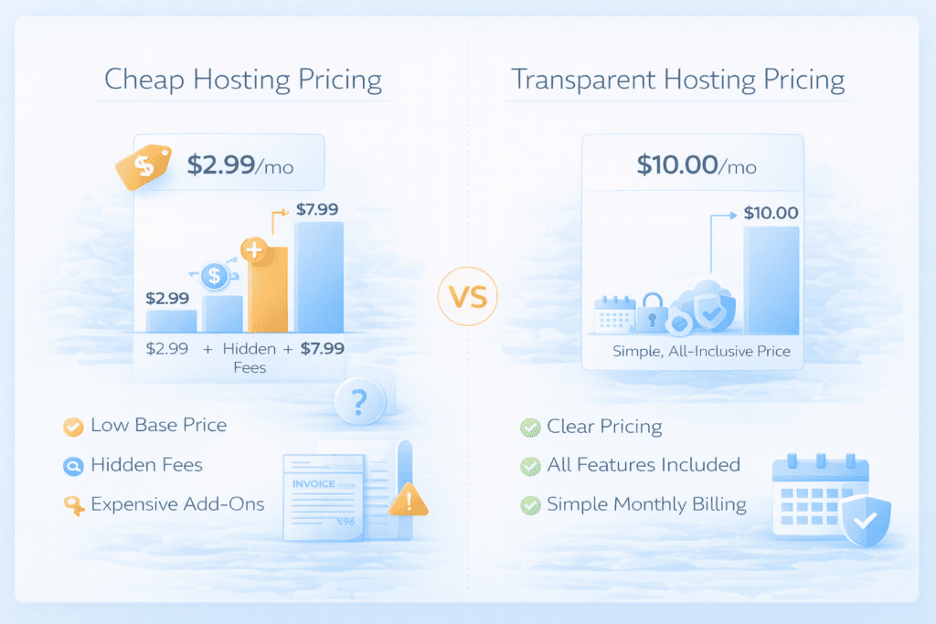 cheap hosting vs transparent hosting pricing comparison with hidden fees