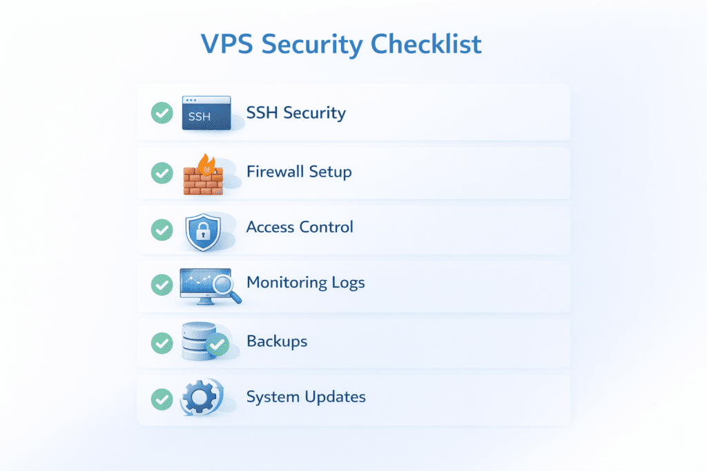 vps security checklist including ssh security firewall setup access control monitoring and backups