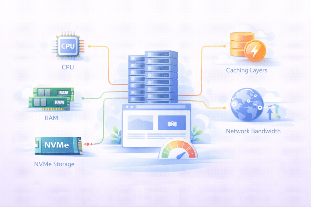 server performance components including CPU RAM NVMe storage and bandwidth