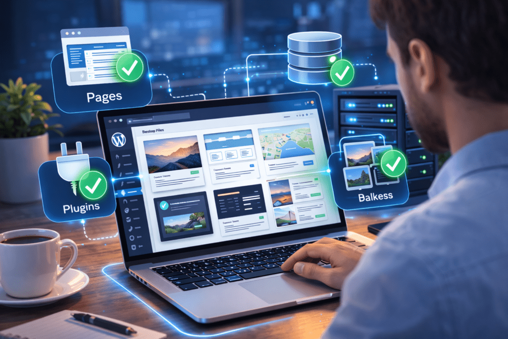 Developer restoring WordPress website pages plugins and database from backup