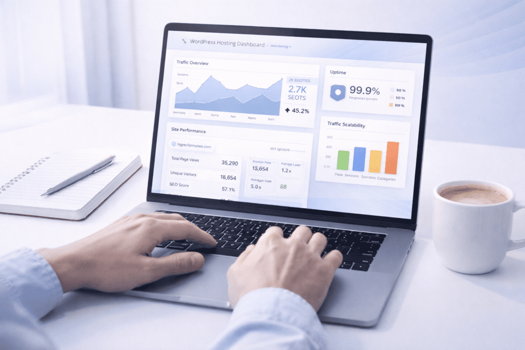 WordPress hosting dashboard monitoring traffic growth and performance metrics