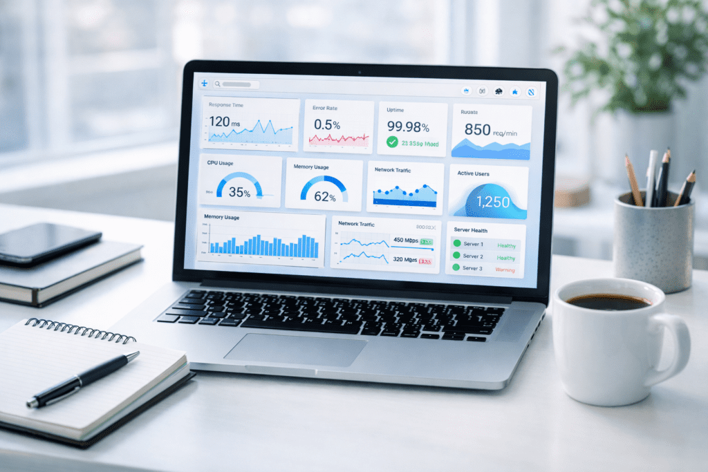 saas hosting performance dashboard showing uptime response time and server health metrics