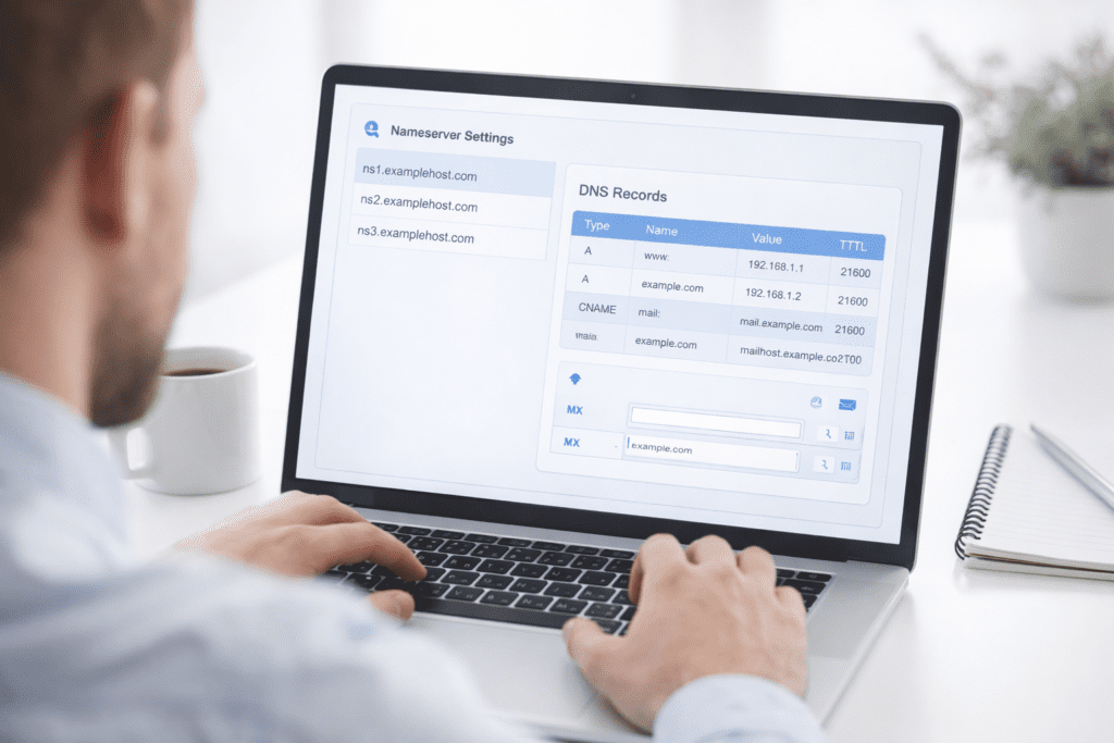 editing domain nameservers and dns records on laptop screen in hosting panel