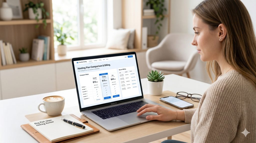 user comparing web hosting plans and billing options on laptop at home workspace