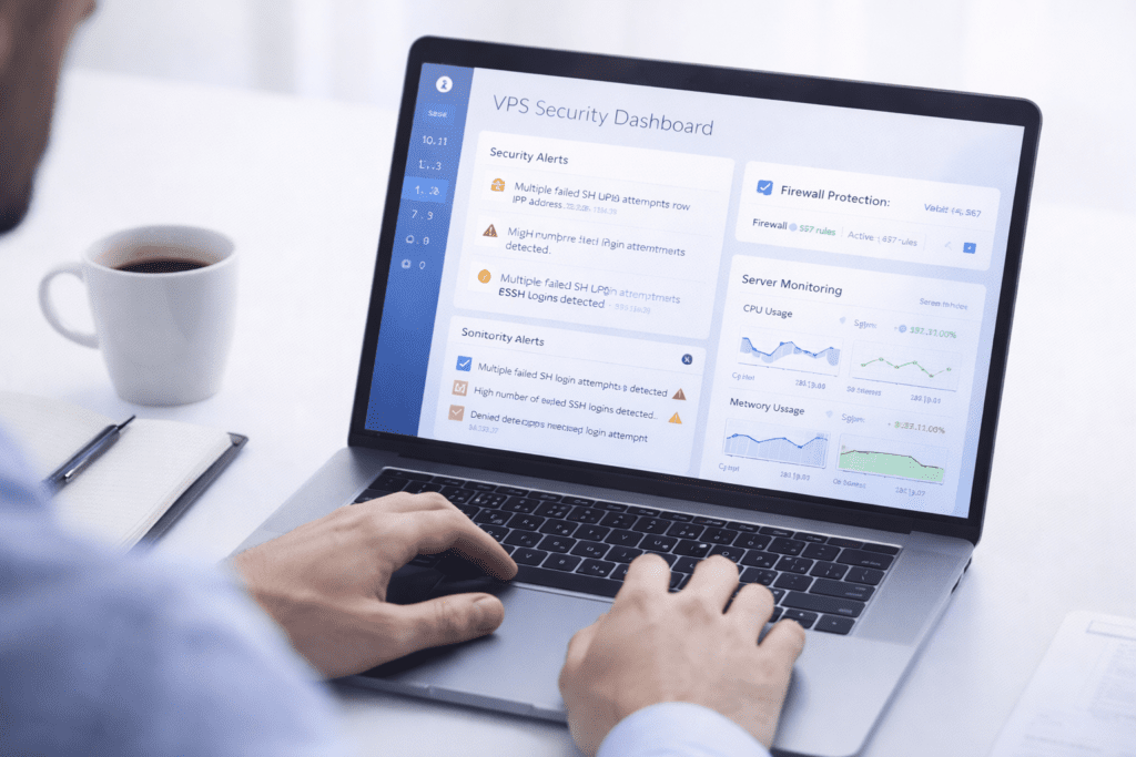 user monitoring vps security dashboard with alerts firewall protection and server performance metrics