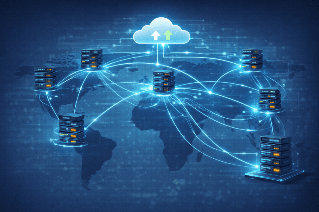 Cloud hosting network distributing workloads across global VPS servers